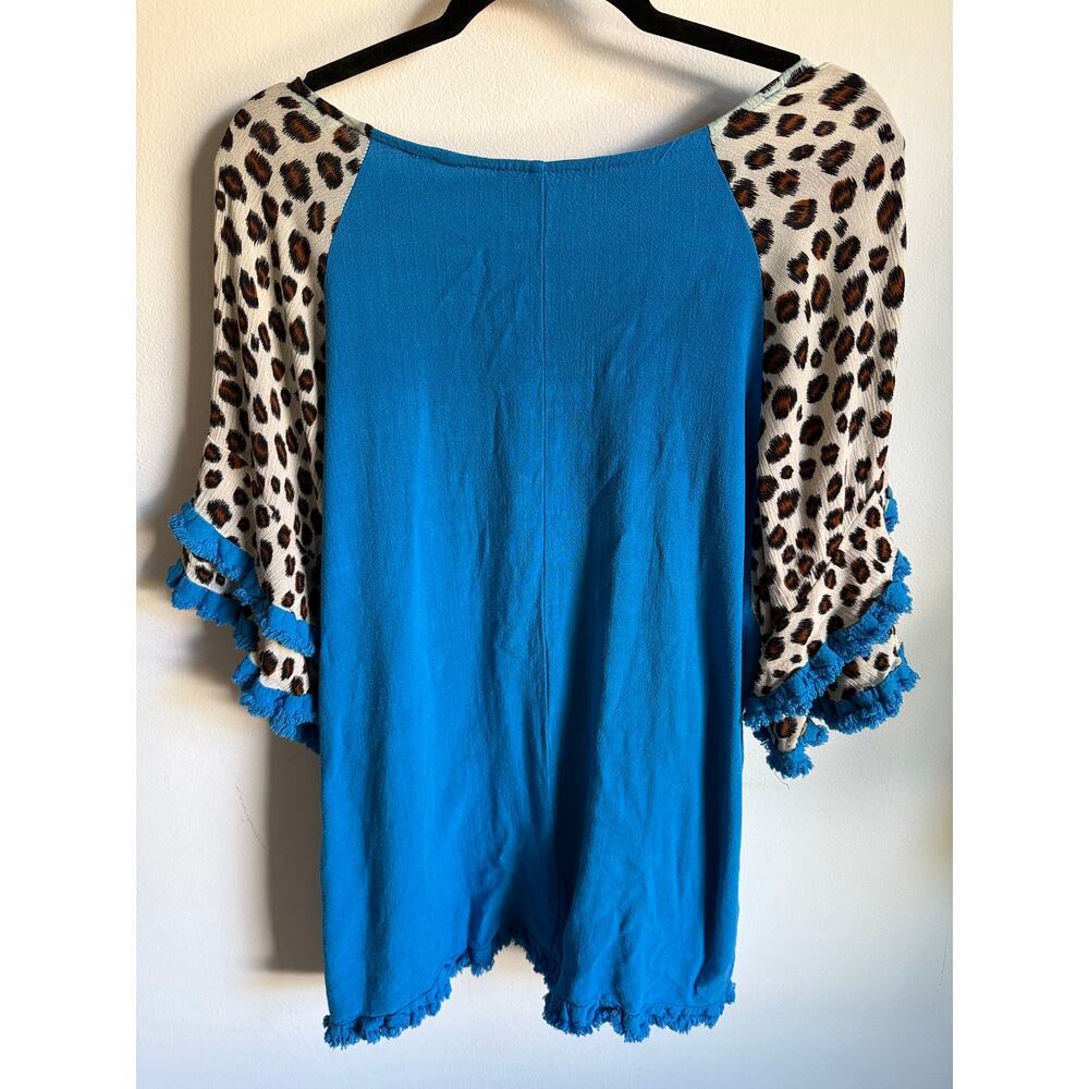 Umgee Linen Leopard Ruffle Sleeve Tunic Top Boho Coastal Cowgirl XL - Picture 5 of 8
